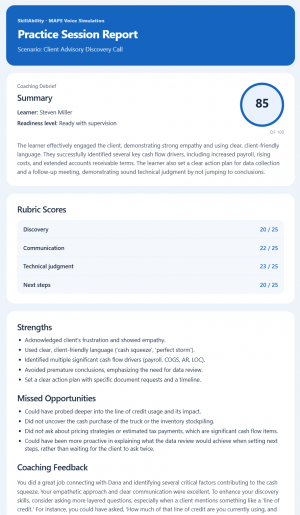 AI-powered practice gives accountants feedback on judgment, communication, and readiness.