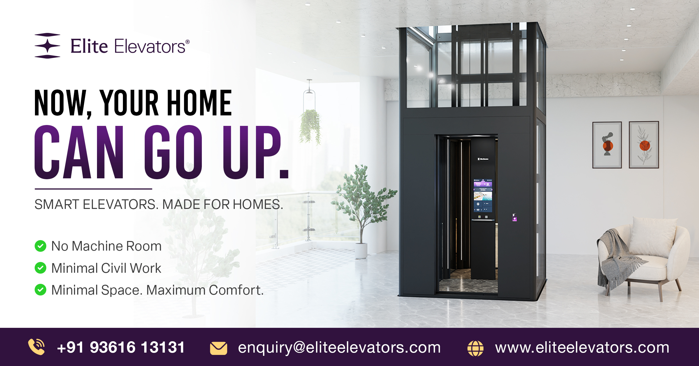 Smart home elevator with no machine room by Elite Elevators