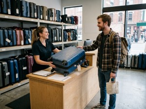 Traveler handing suitcase to staff