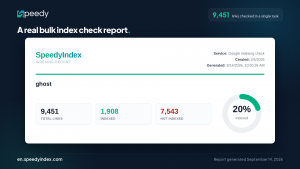A real SpeedyIndex report: 9,451 links checked, 1,908 indexed.