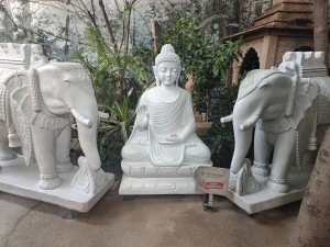 5 feet stone buddha statue with elephant statues by Stonemart