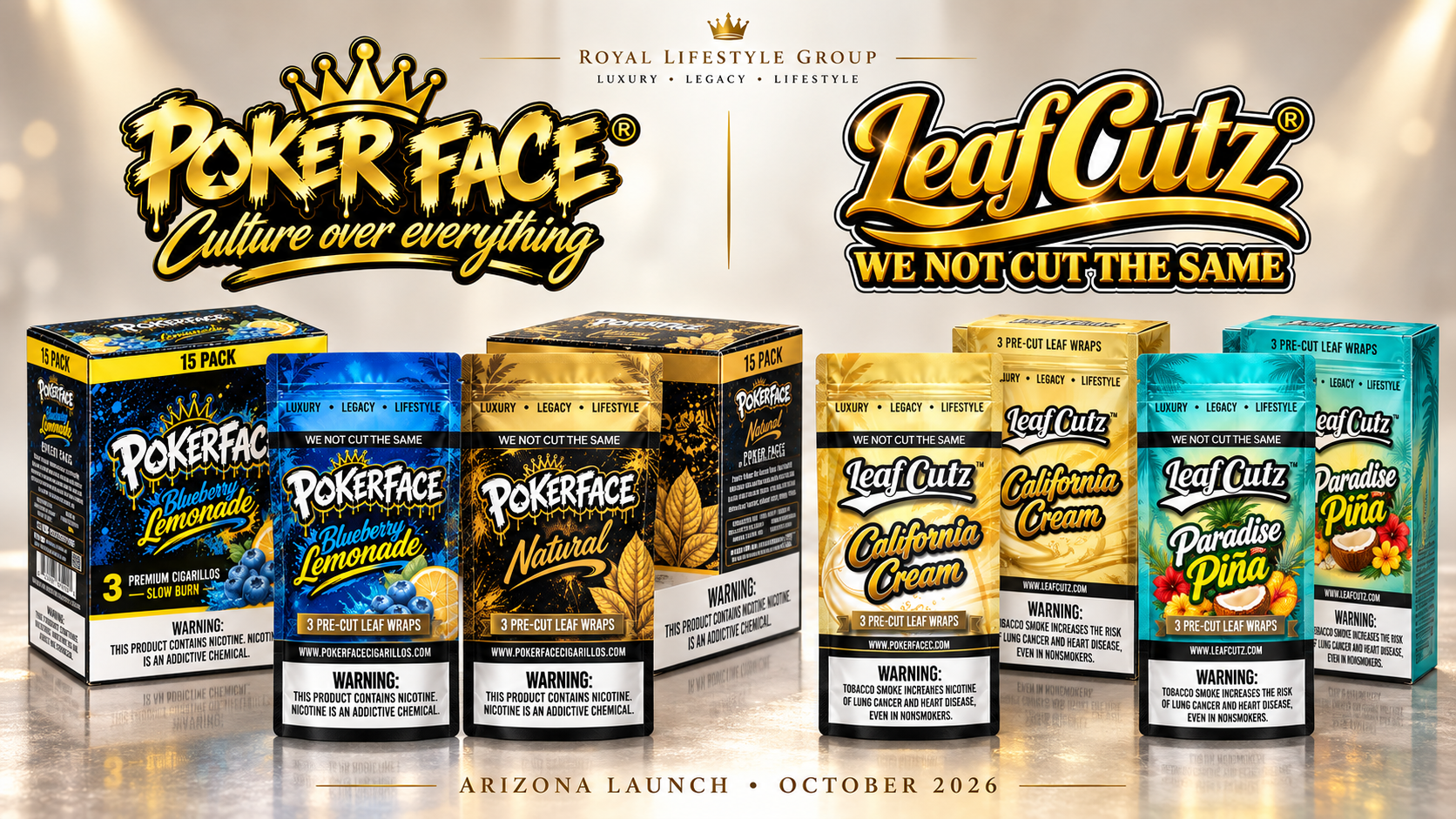 Poker Face and Leaf Cutz product lineup from Royal Lifestyle Group featuring four varieties fro Poker Face and Leaf Cutz product lineup from Royal Lifestyle Group featuring four varieties fro