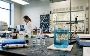 concentrated copper eluate beaker
