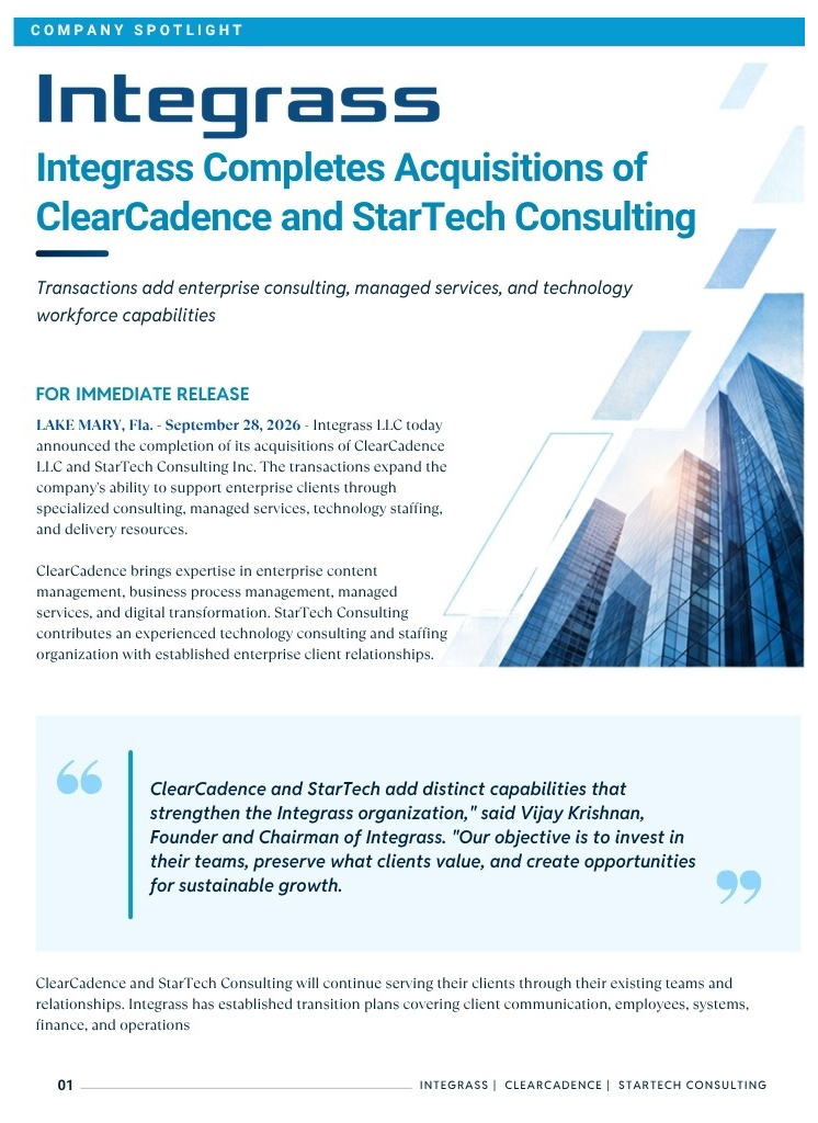 PR Release Integrass Completes Acquisitions of ClearCadence and StarTech Consulting LLC PR Release Integrass Completes Acquisitions of ClearCadence and StarTech Consulting LLC