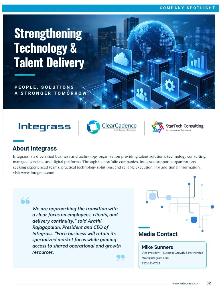 PR Release Integrass Completes Acquisitions of ClearCadence and StarTech Consulting LLC PR Release Integrass Completes Acquisitions of ClearCadence and StarTech Consulting LLC