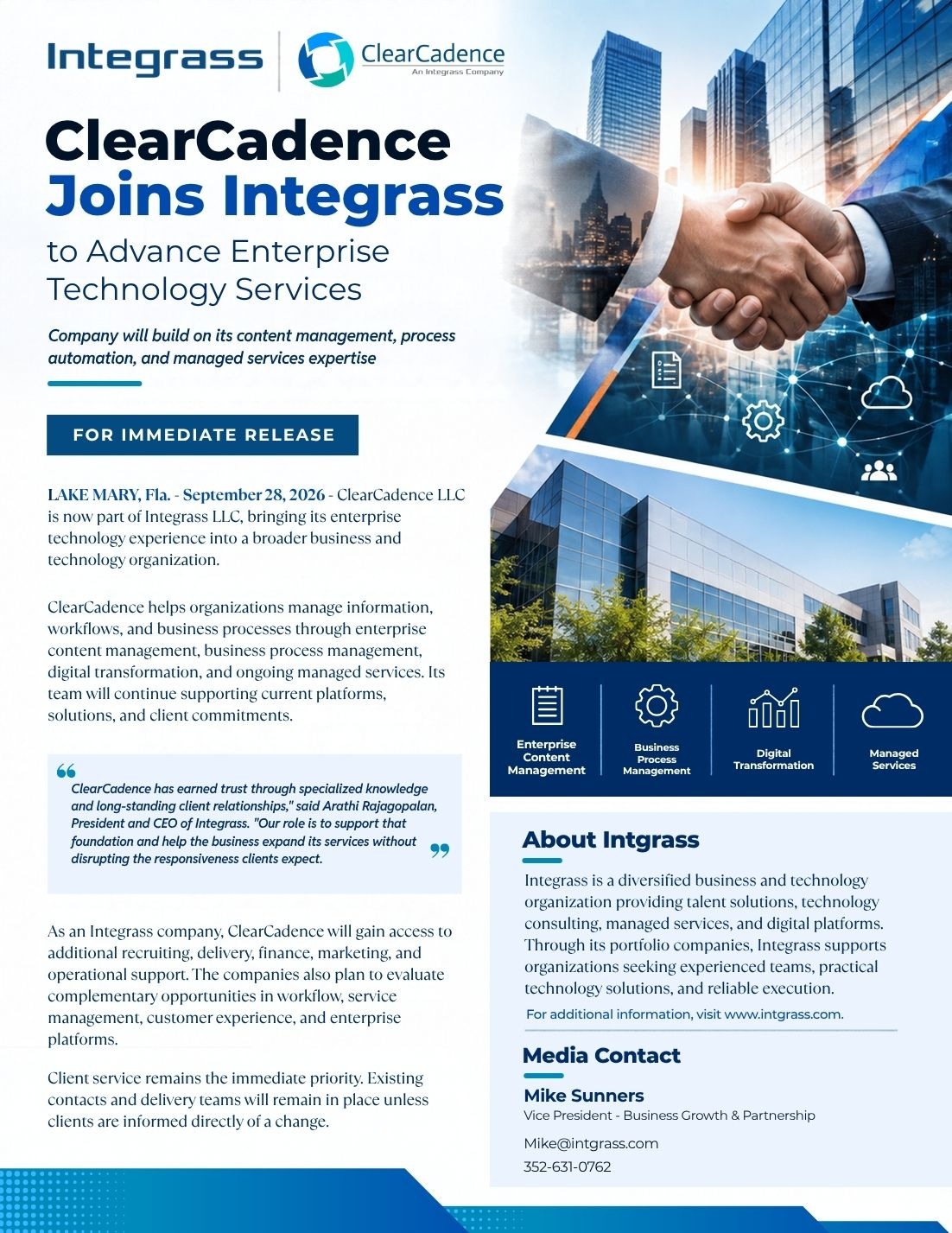 ClearCadence Joins Integrass to Advance Enterprise Technology Services