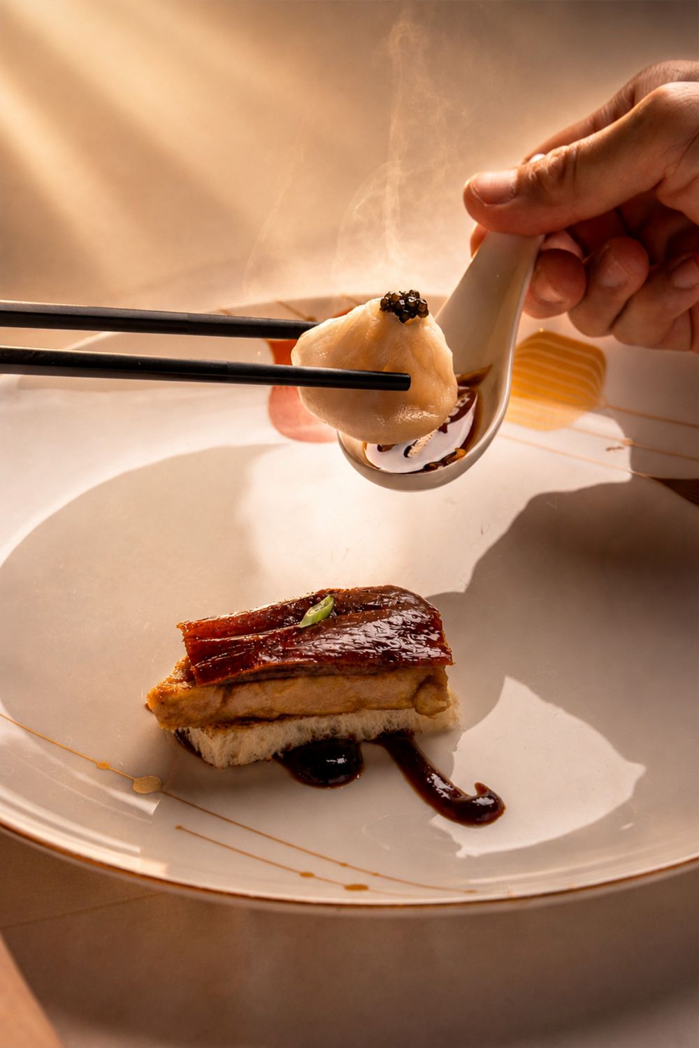Kurobuta pork Xiao Long Bao with panseared foie gras crispy duck skin and toasted brioch