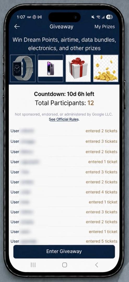 Giveaway screen on the Newsspend Media App