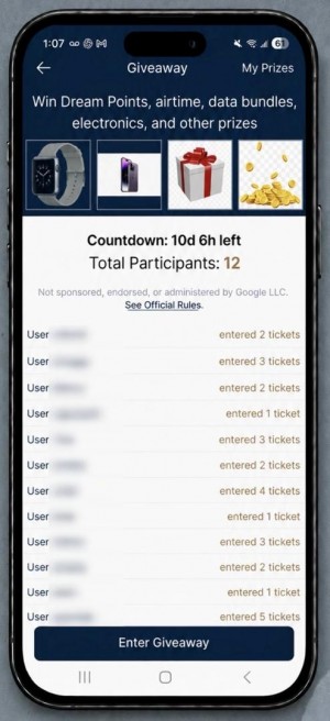 Giveaway screen on the Newsspend Media App