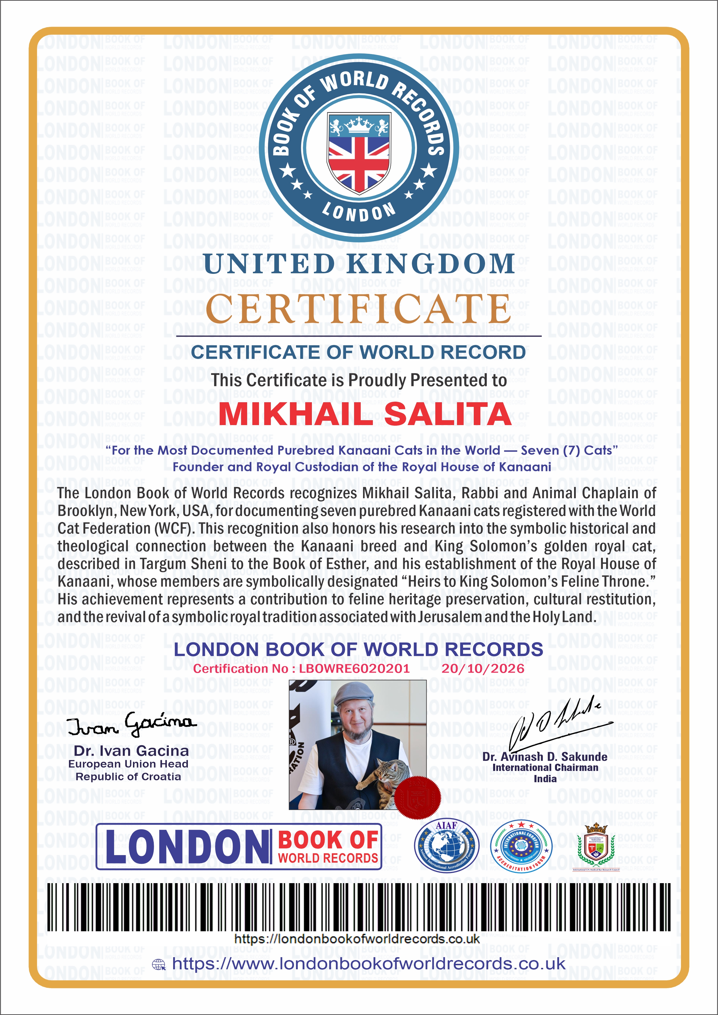 World Record Certificate presented to Mikhail Salita by the London Book of World Records World Record Certificate presented to Mikhail Salita by the London Book of World Records