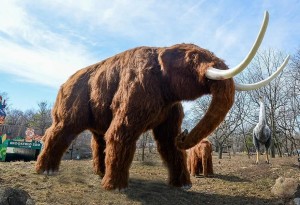 A giant sized mammoth model is on display in the park