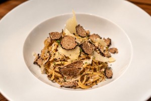 Linguine pasta with pancetta, pecorino cheese and black truffle shavings