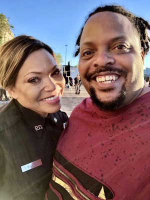 R.J. Atkins with Tisha Campbell on the set of 