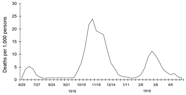 Figure 1  Death Rates of the Spanish Flu June 1918 to May 1919