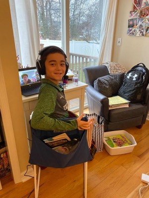 Academy of St Therese student, Evan, 5th Grade, learning from home