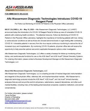 Alfa Wassermann Diagnostic Technologies Introduces COVID-19 Reagent Panel 