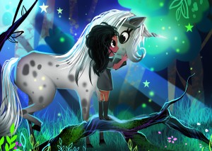 A girl and her horse (I mean unicorn), celebrating success in a quiet moment of magic in the new personalised book My Secret Unicorn