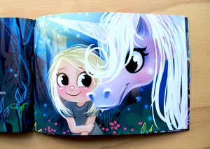 A unicorn gives your child a kiss to say thank you in the personalised book from The Kids Book Company, My Secret Unicorn