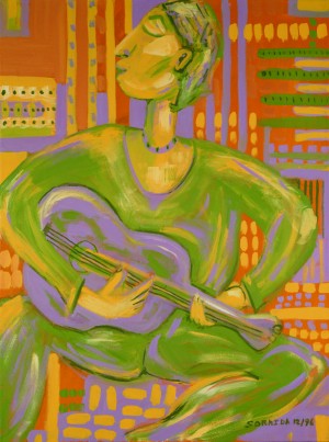 ©️1996 The Weeping Puerto Rican Cuatro Player. Acrylic on Canvas. 48” x 36”