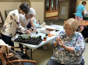 Volunteers from St. Bartholomew Church with the miniature plants and containers they decorated and gave to patients at Peggy