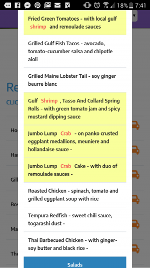 Menu with cravings selected