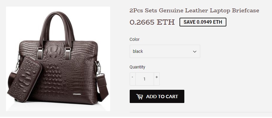 A picture form AlfaEgocom showing genuine leather bag priced in Ethereum A picture form AlfaEgocom showing genuine leather bag priced in Ethereum