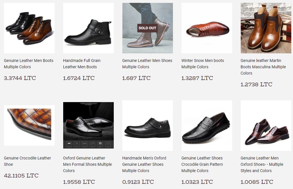 A picture form AlfaEgocom showing genuine leather shoes priced in Litecoin A picture form AlfaEgocom showing genuine leather shoes priced in Litecoin