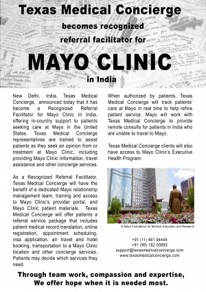 Texas Medical Concierge becomes recognized referral facilitator for Mayo Clinic in India.