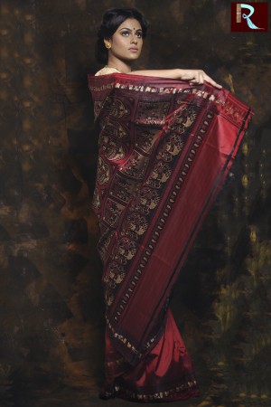 Red Body with Chocolate Pallu and Border Baluchari Silk Saree