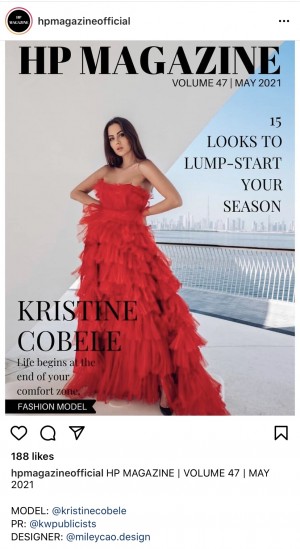 Model Kristine Cobele wearing Miley Cao dress on the cover of HP Magazine