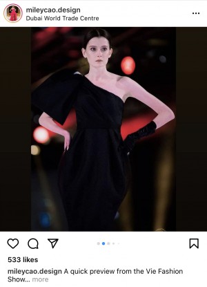 Model wearing Miley Cao eco-friendly dress at VFW