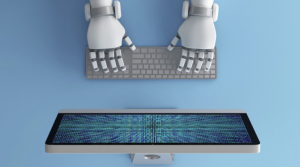 AI robot typing into a computer