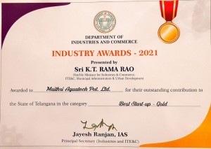 Telangana State Industry Awards Best Startup Maithri Aquatech Certificate