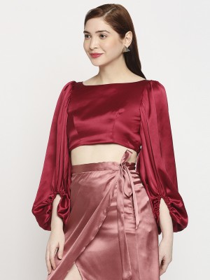 Casual Bell Sleeves Solid Women Maroon Top