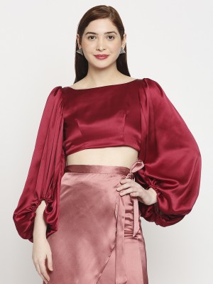 Casual Bell Sleeves Solid Women Maroon Top