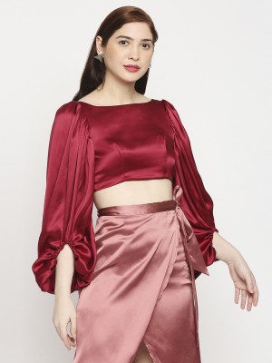 Casual Bell Sleeves Solid Women Maroon Top