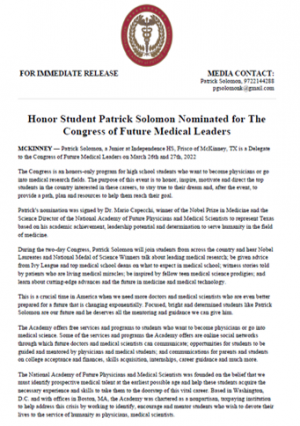 Press Release Patrick Solomon Nominated for the Congress of Future Medical Leaders