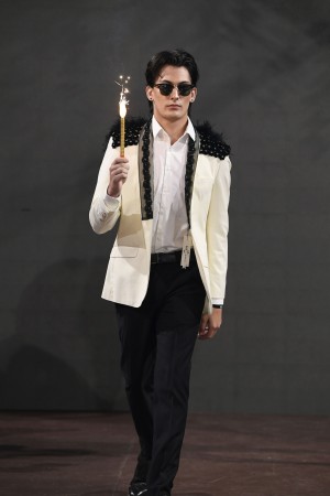 Model Jonah Manzi walking for Elie Balleh NYFW Runway Show Fall 22