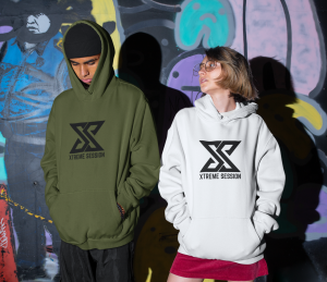 hoodie mockup of a man and a woman posing in an urban setting m554
