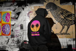 mockup of the back of a man wearing a hoodie in a dark urban scenario m567