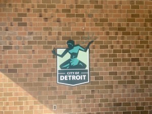 Metal sign of city of Detroit