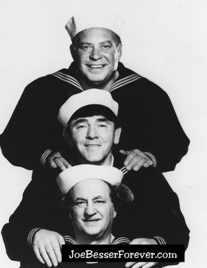 Comic Joe Besser (top) as third stooge with The Three Stooges.