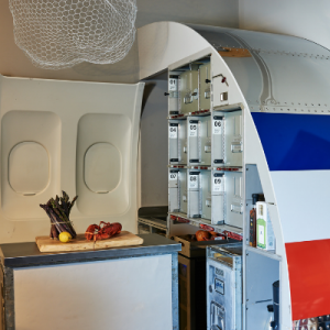 Upcycled Vintage British Airways Carts are moveable workstations with Stainless Steel Counters