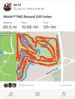 Byrnes’ Strava Satellite Imagery of his 65.5 mile, 12 hour, 245 hole round