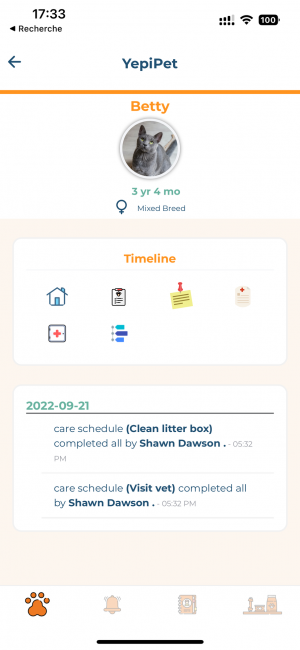 the orange bar above the pet card helps identify shared pets and their owners