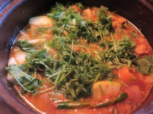 Clay pot cooking 101 Vegetable soup with potatoes and cilantro