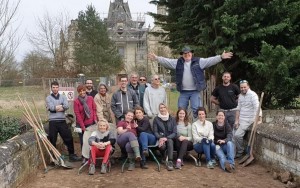 Some shareholders in front of their castle during a renovation event