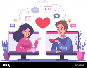 virtual relationships online dating cartoon composition with computer screens and couple having date