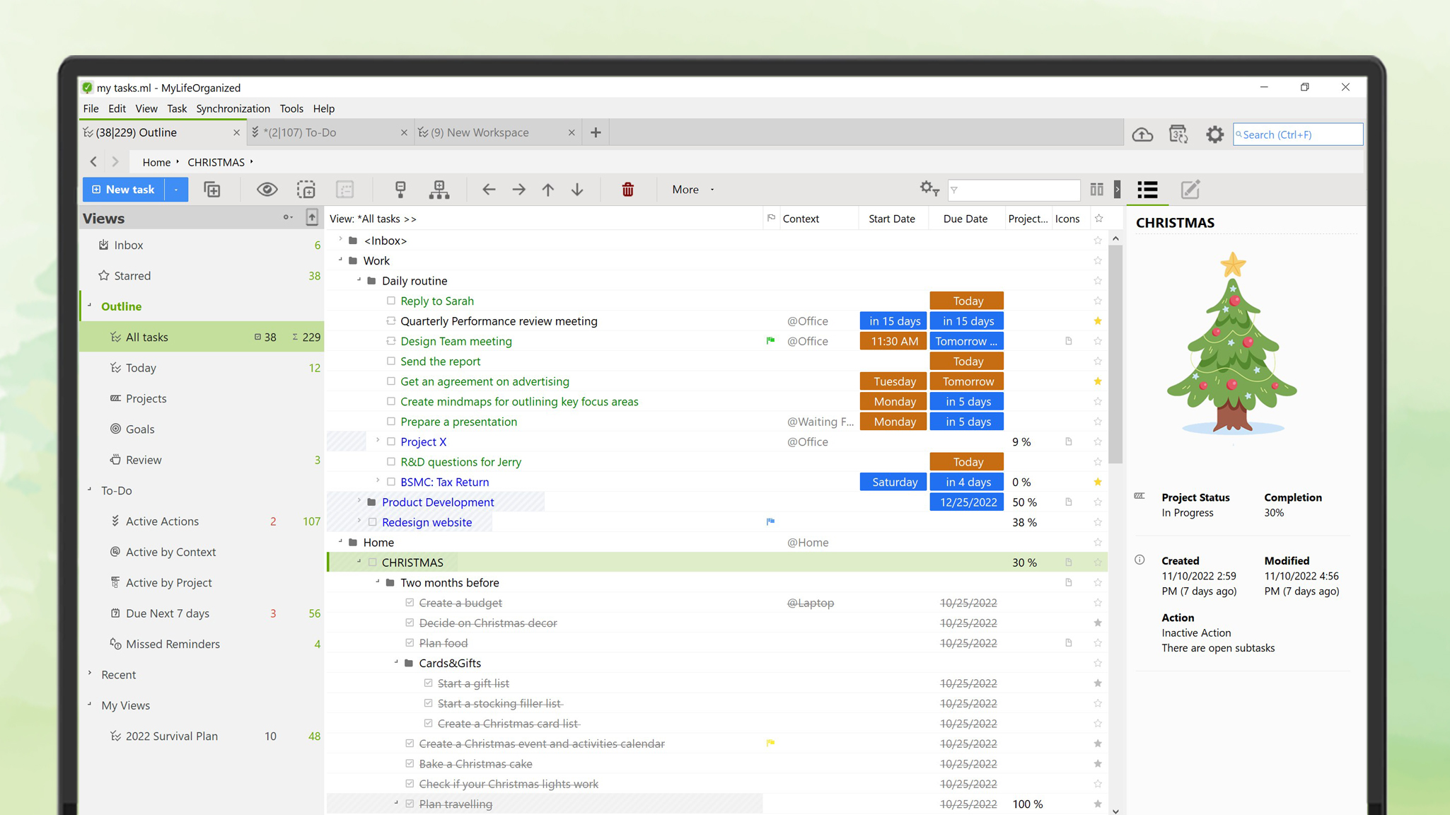 The MyLifeOrganized hierarchical list is easy to navigate and zoom into