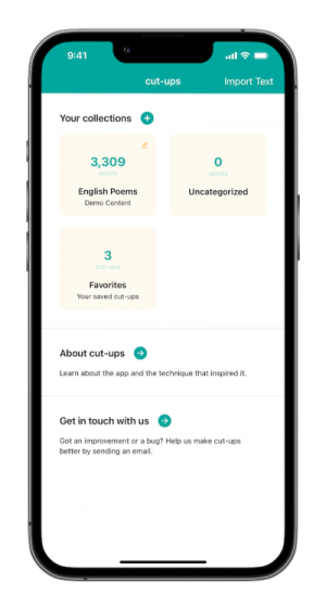 The main screen of the cut-ups app